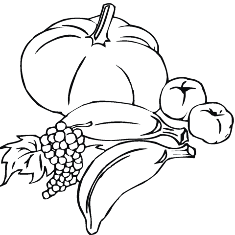 Two Bananas, Pumpkin, Grapes And Peaches Coloring Page